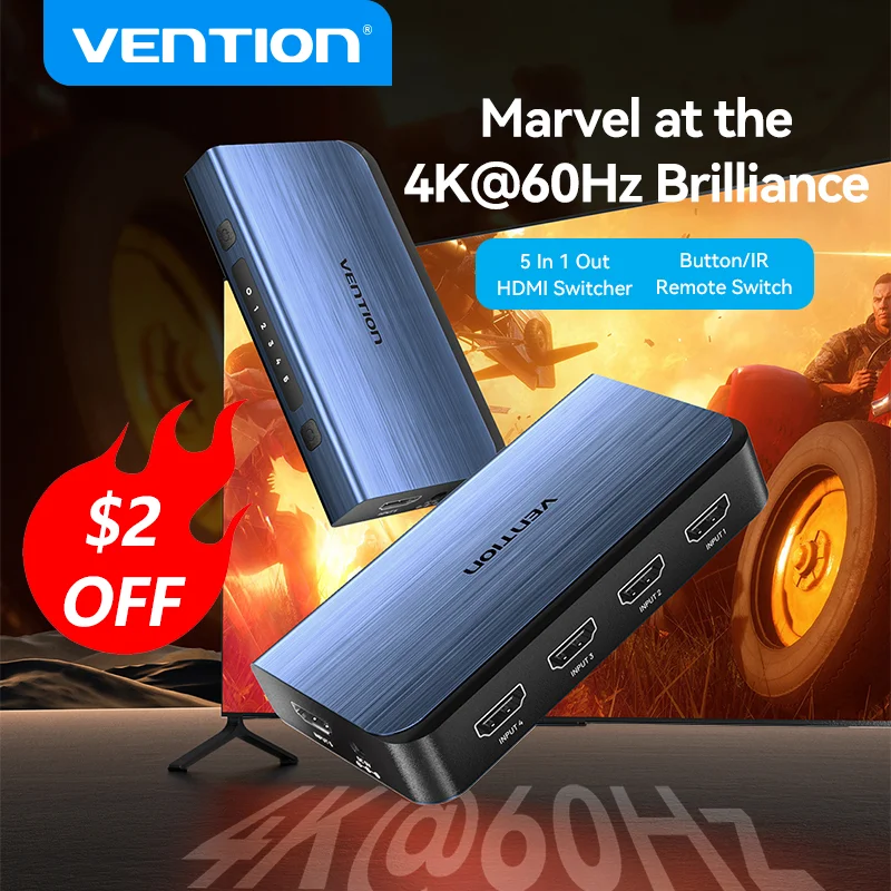 Vention HDMI ø, XBOX 360 TV Mi Box Switch PS5 PS4  , HDMI 2.0 ó, 5 in 1 out, 4K, 60Hz, 5x1, 3x1